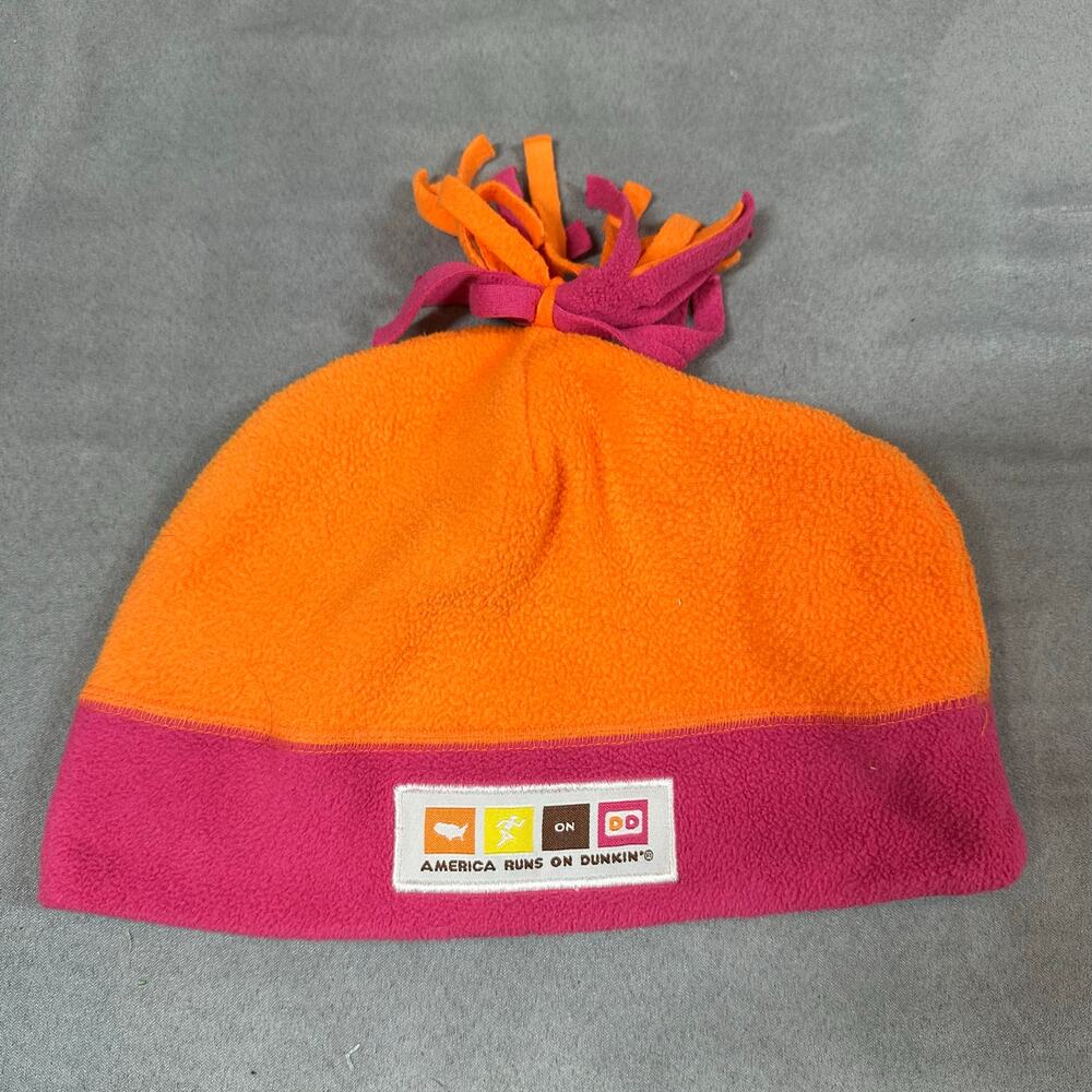 Dunkin Donuts Hat Fleece Beanie Orange Pink Tassel Pom Pom Winter Warm Cap
